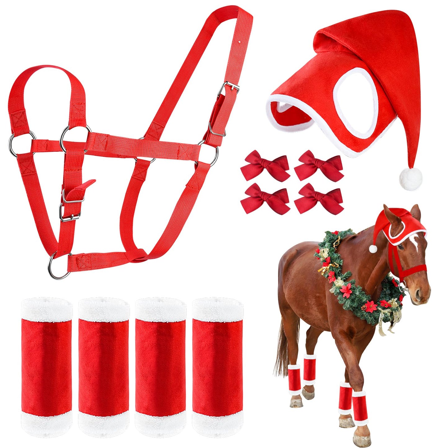 Andy's 10 PCS Xmas Horse Costume Set - Red Santa Hat, Leg Wraps, Halter, Bow Ties For Horse Tails