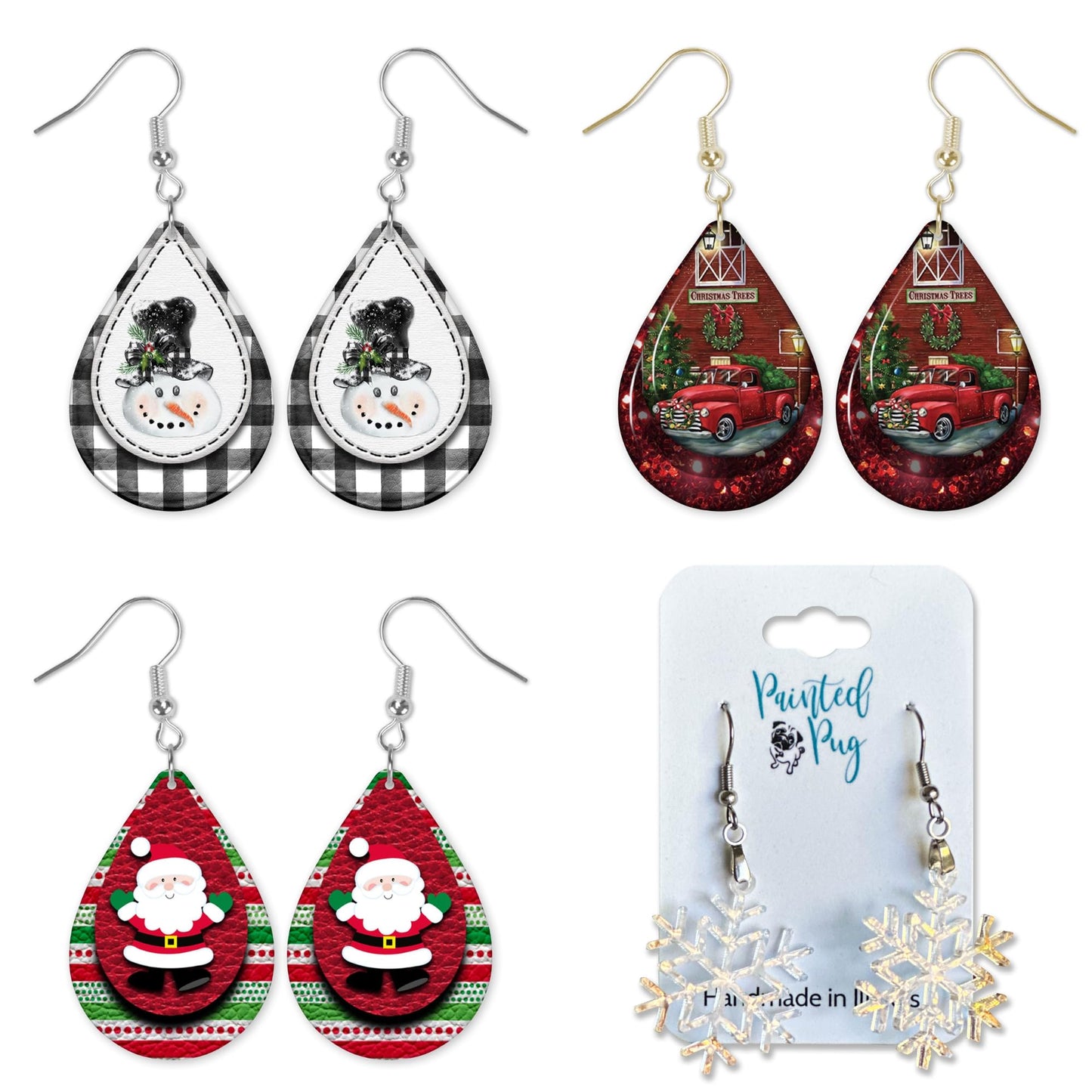 Christmas Earrings Gift Set of 4 for Women Red Pickup Truck Festive Holiday Statement Jewelry (Christmas Earrings Set of 4)