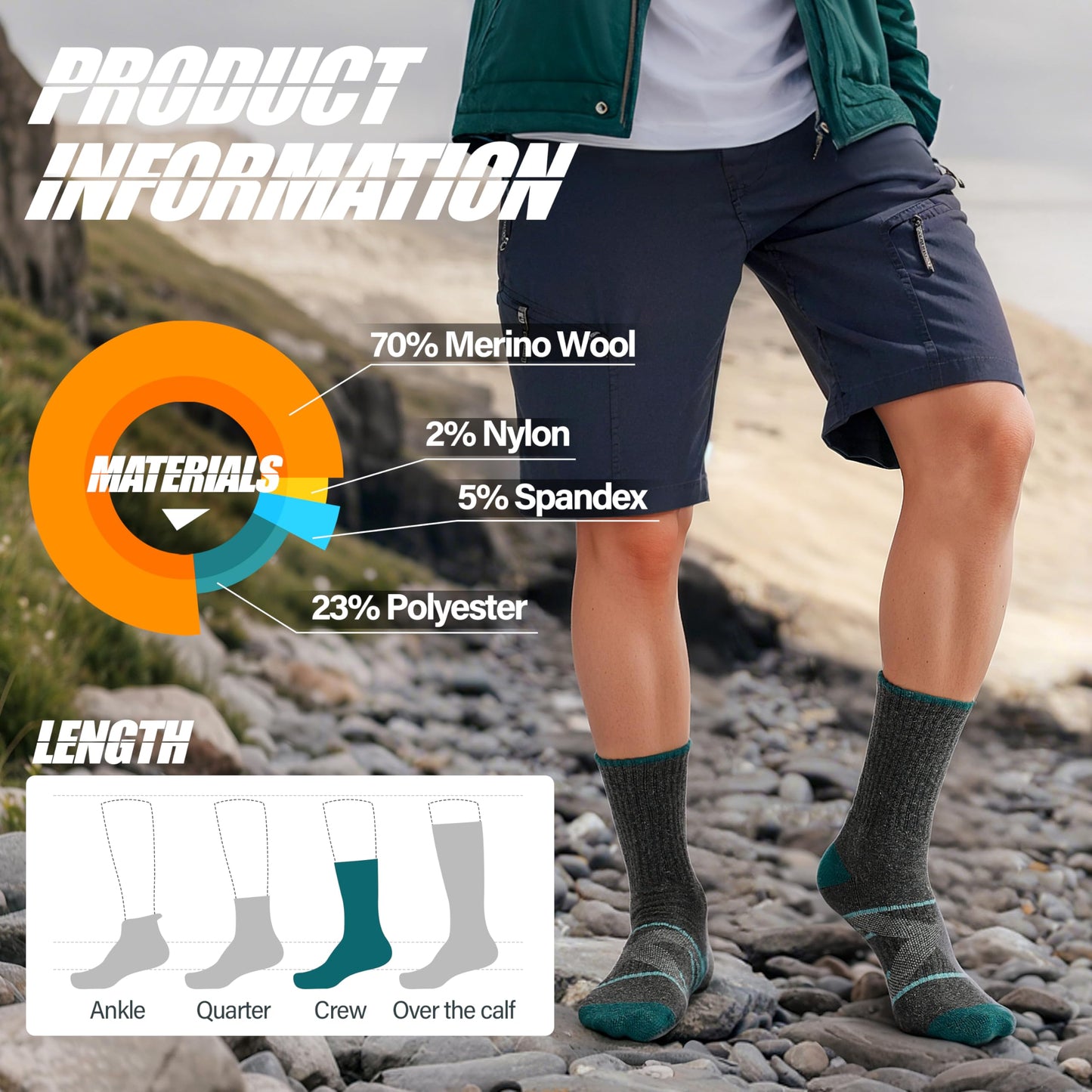 ANTSANG Merino Wool Socks for Men & Women Thermal Winter Hiking Warm Thick Athletic Crew Cozy Boot Work Gift Socks Stocking Stuffers 5 Pairs (Orange/Green/Blue/Black/Dark Grey A,L)