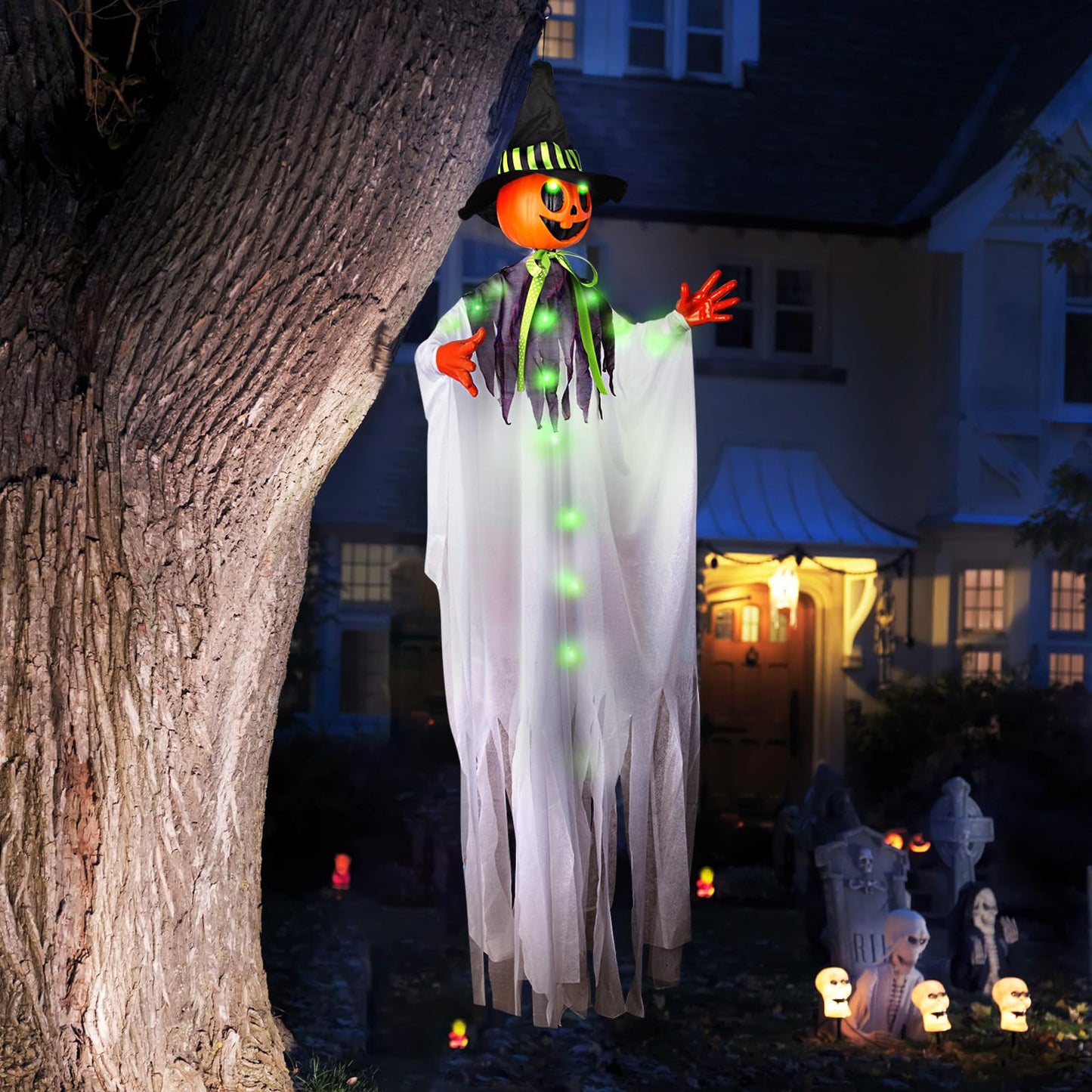 55” Halloween Hanging Animatronics Ghost Pumpkin with LED Lights, Sound & Motion Activated and Shaking Arms - Perfect for Halloween Haunted House Prop Décor, Indoor/Outdoor Display, Lawn, Party