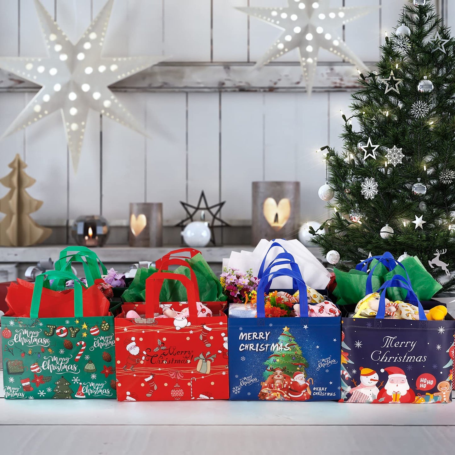 YANGTE 12 Pack 13" Large Christmas Gift Bags with Tissue Paper, Reusable Non-Woven Christmas Bag with Handles for Presents Wrapping, Shopping Xmas Party Supplies