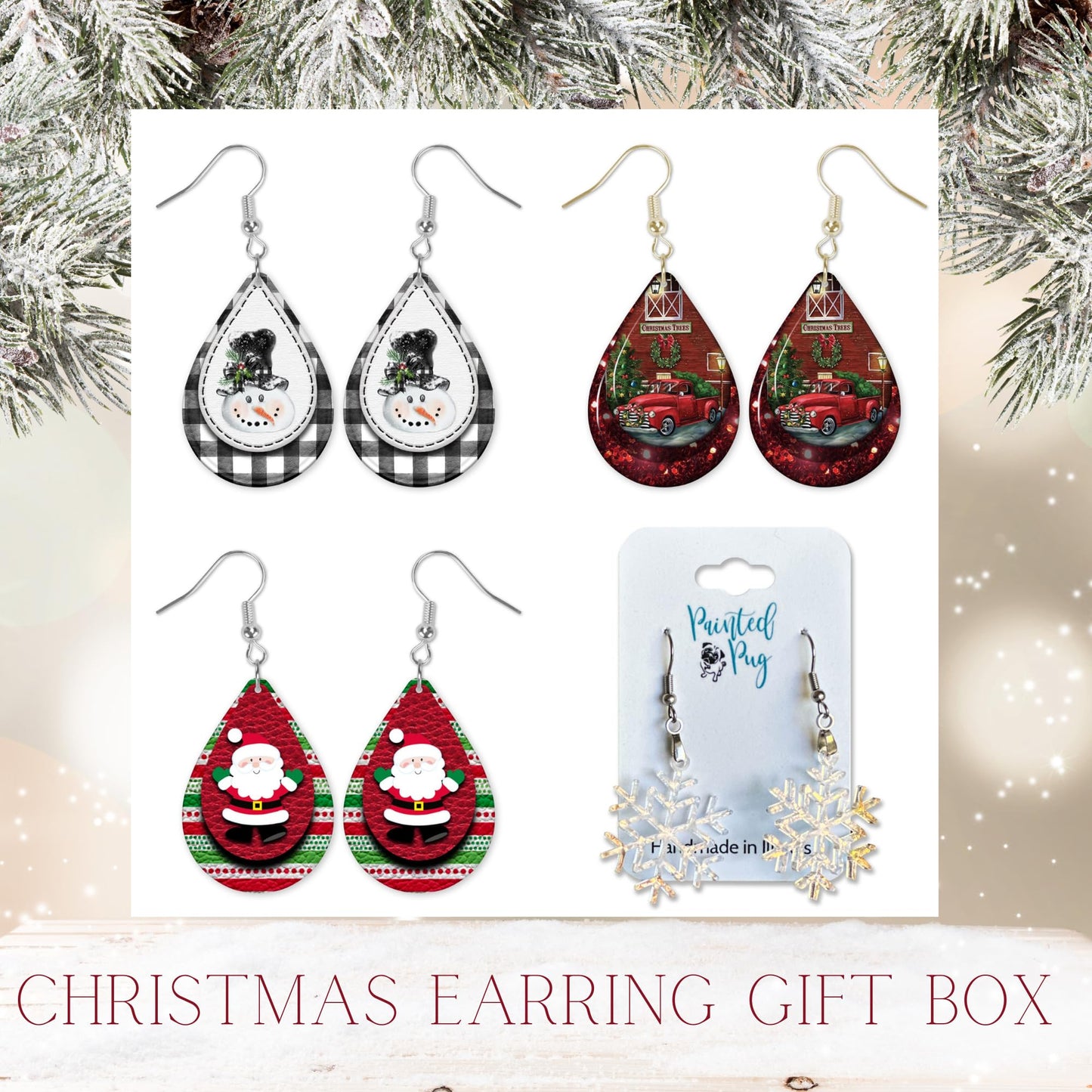 Christmas Earrings Gift Set of 4 for Women Red Pickup Truck Festive Holiday Statement Jewelry (Christmas Earrings Set of 4)