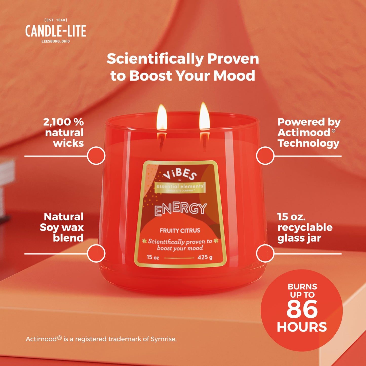 Candle-Lite Vibes Fruity Citrus Mood-Enhancing Scented Candles, 15 oz Jar, Aromatherapy, Proudly Poured in The USA, 2-Wick, 86 Hours Burn Time, Perfect Relaxation Gift