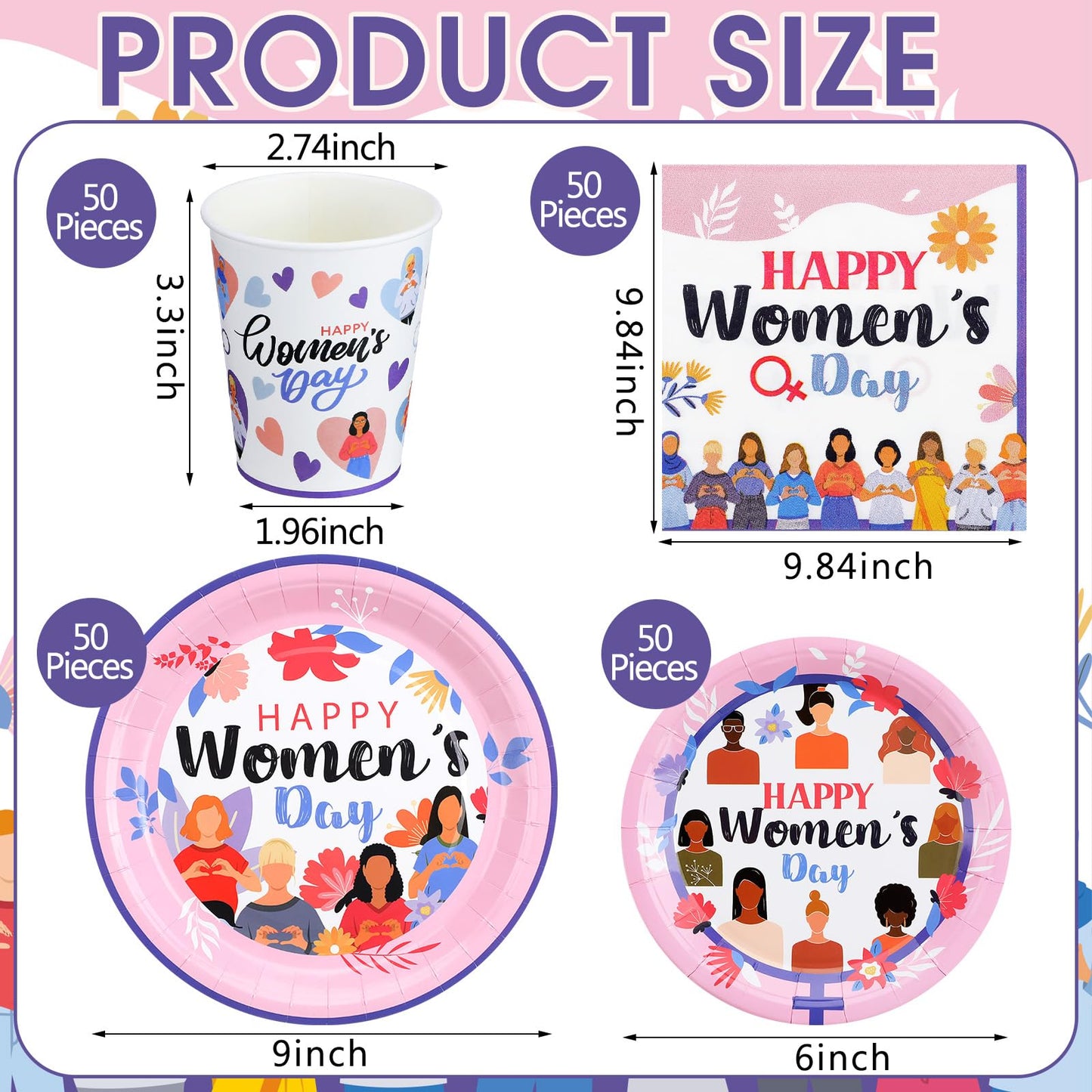 Teenyyou 200 Pcs Women's Day Party Supplies Womens History Month Decorations International Womens Day Decoration Plate and Napkin Set Serve 50 Guest Disposable Dinnerware for Birthday Holiday Supplies
