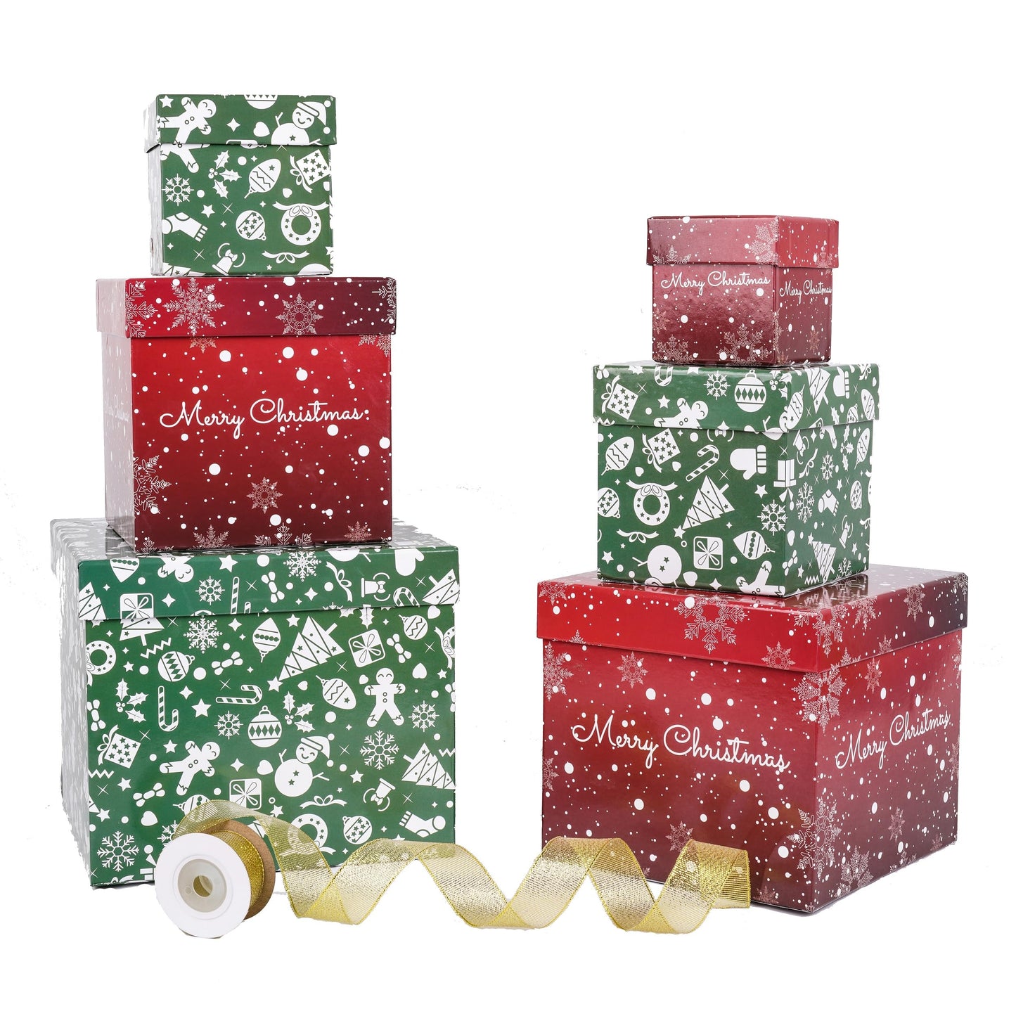 Lyforpyton 6PCS Christmas Nesting Gift Boxes with Lids Xmas Nested Box Set Red Green Square Stackable Gift Box for Christmas New Year Packaging