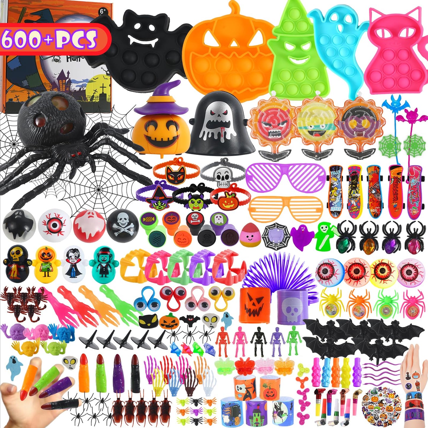 600Pcs Halloween Party Favors for Kids, Halloween Toys Bulk Fidgets for Party Supplies, Halloween Treats Non Candy, Goodie Bag Stuffers, School Gifts Classroom Carnival Prizes, Treasure Box Toy Chest