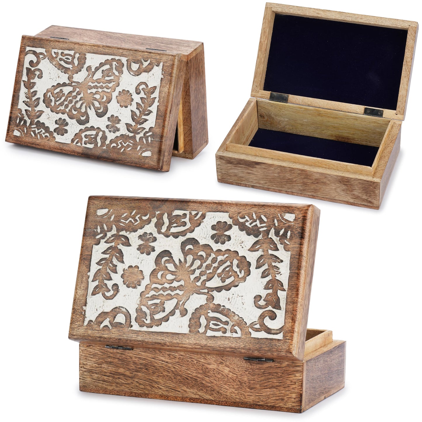 Ajuny Hand Crafted Wooden Decorative Jewelry Box - Butterfly Design Carved Multipurpose Handmade Treasure Chest Trinket Holder Keepsake Storage Organiser Best Gift 8x5 Inch