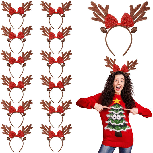 Lyrow 24 Pcs Reindeer Antlers Headbands for Adults Antlers Headband with Bells Halloween Christmas Holiday Party Gift (Bow Style)