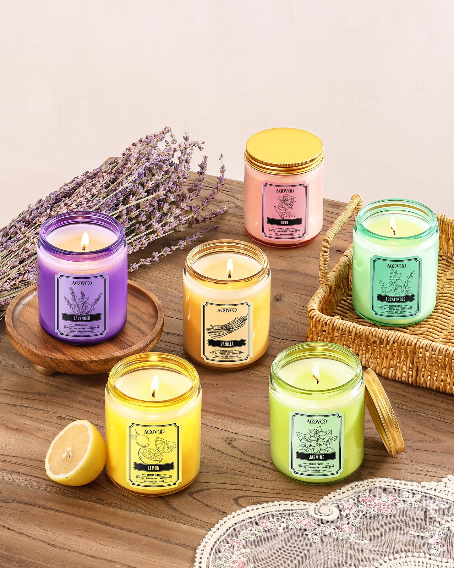 AOOVOO Scented Candles for Women - 6 Pack Colorful Jar Candle for Home Scented, 42oz Soy Candles, 300 Hours Burn Time, Aromatherapy Candles Gifts Set for Birthday
