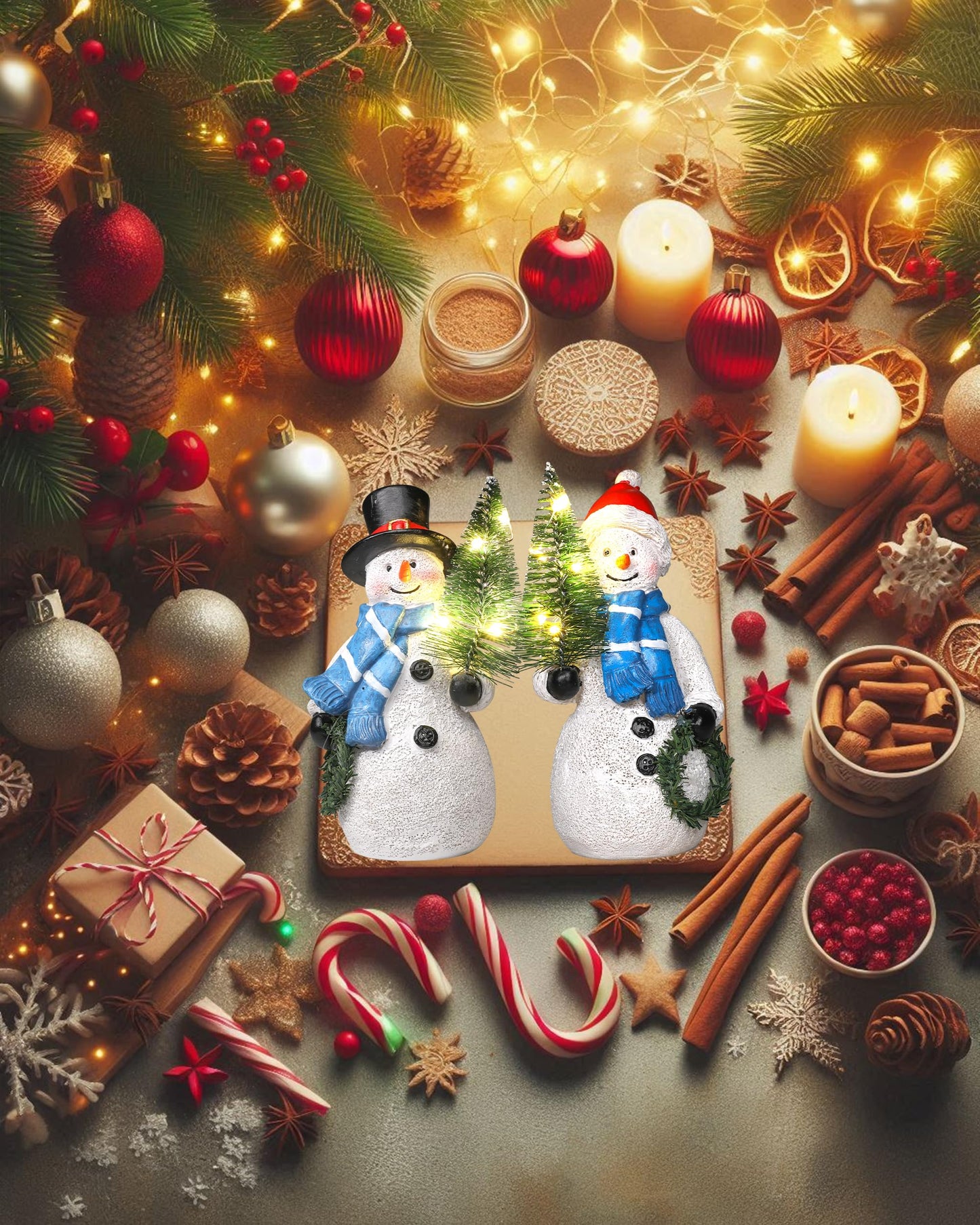 GoGnome Duo 5'' Resin Snowman Figurines with Lighted Christmas Tree Wreath - Christmas Decorations Indoor Snowman Decor Ornaments Centerpiece - Winter Holiday (Snowmen)