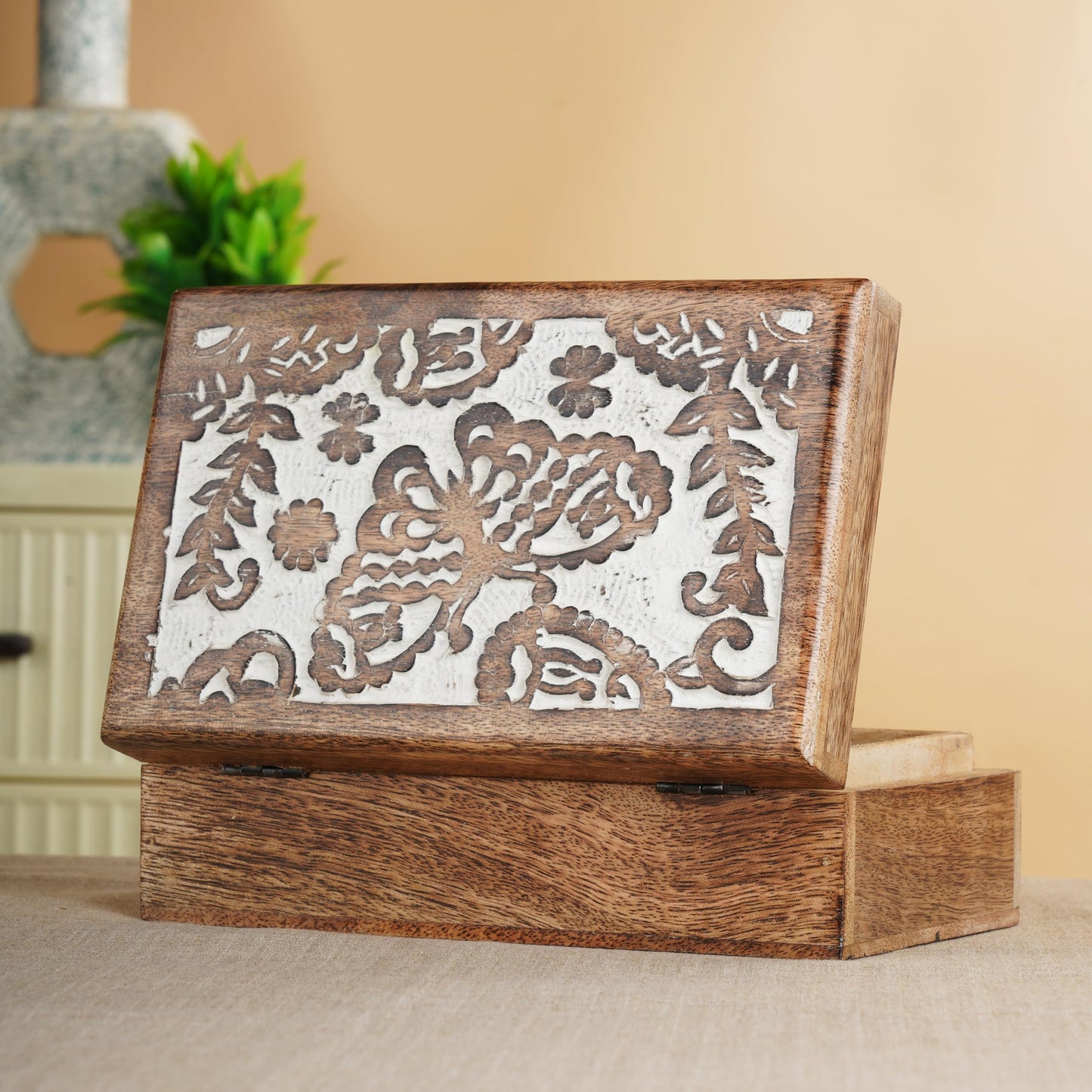 Ajuny Hand Crafted Wooden Decorative Jewelry Box - Butterfly Design Carved Multipurpose Handmade Treasure Chest Trinket Holder Keepsake Storage Organiser Best Gift 8x5 Inch