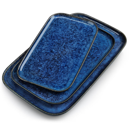 vancasso Stern Serving Platters Set of 3, 15/13/ 11 Inches Rectangular Serving Plates, Blue Serving Trays for Entertaining, Party