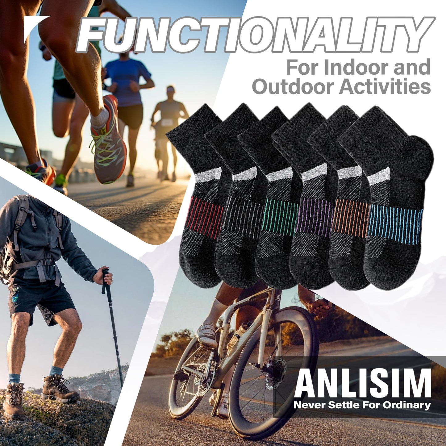 Anlisim Merino Wool Quarter Hiking Socks Compression Warm Thermal Winter Thick Cushion Running Moisture Wicking No Show Socks Gifts Stocking Stuffers for Women Men 6 Pairs(Black Mixed,L)