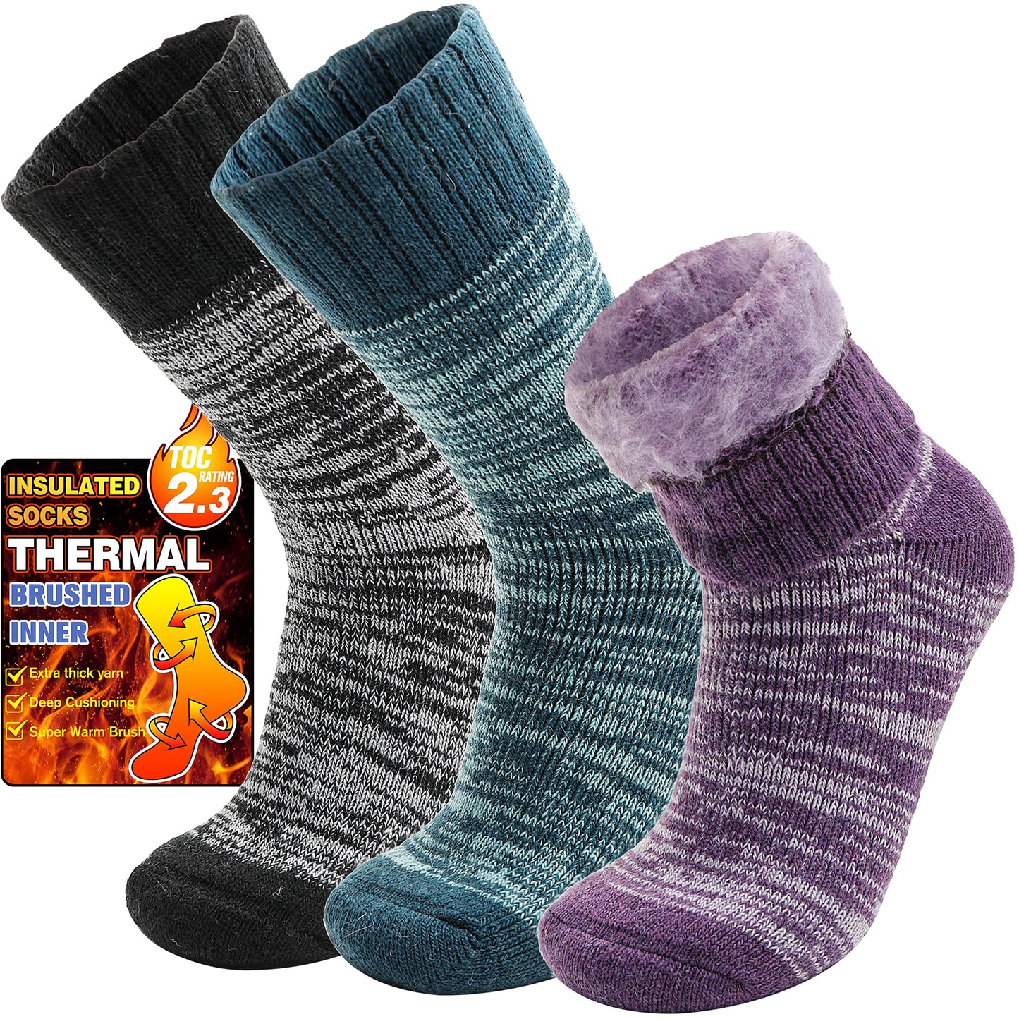Welwoos Heated Thermal Socks for Women & Men Winter Warm Ski Thick Boot Insulated Gift Socks Stocking Stuffers for Women 3 Pairs (Purple & Blue & Grey B,L)