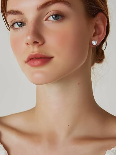 Birthstone Stud Earrings for Women 925 Silver Needle Diamond Heart Stud Earrings Cute Hypoallergenic Earring April Birthday Gift Jewelry