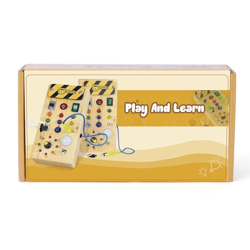 Montessori Wooden Busy Board with 8 LED Light switches, Sensory Toys Light Switch Travel Toys for 1+ Year Old Baby and Toddler