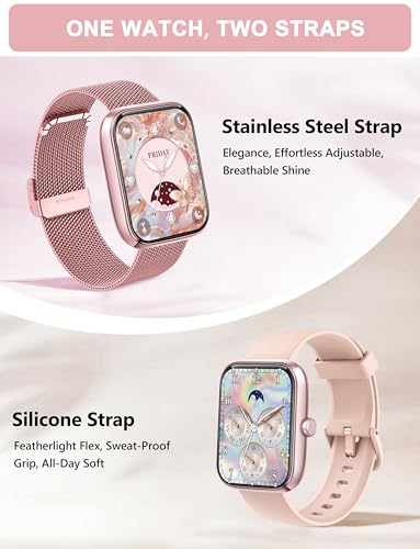 KALINCO Smart Watch Women [2 Bands, 44mm case] Alexa Fitness Tracker, Heart Rate, Sleep, Stress & SpO2 Monitor, IP68 Waterproof Smartwatch, Make/Answer Calls, Compatible with iPhone & Android Phones