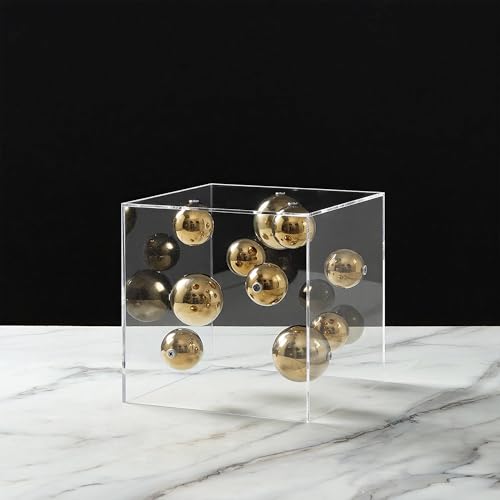 Modern Floating Sphere Sculpture in Acrylic Case - Geometric Gravity-Defying Decor with Stainless Steel Ball, 7" Tabletop Art for Living Room, Office & Boho Home (Cube/Rectangle) (Gold, Large)