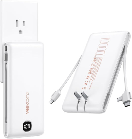 VEEKTOMX Portable Charger with Built in Cables 10000mAh, Power Bank for iPhone with Wall Plug, Travel Essential Fast Charging USB C Slim External Battery Pack for iPhone16/15/14, Samsung, iPad, etc