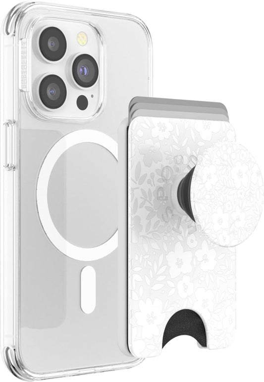 PopSockets Phone Wallet with Expanding Grip and Adapter Ring for MagSafe, Phone Card Holder, Wireless Charging Compatible, Wallet Compatible with MagSafe, Cute PopSockets - Blanc Fresh
