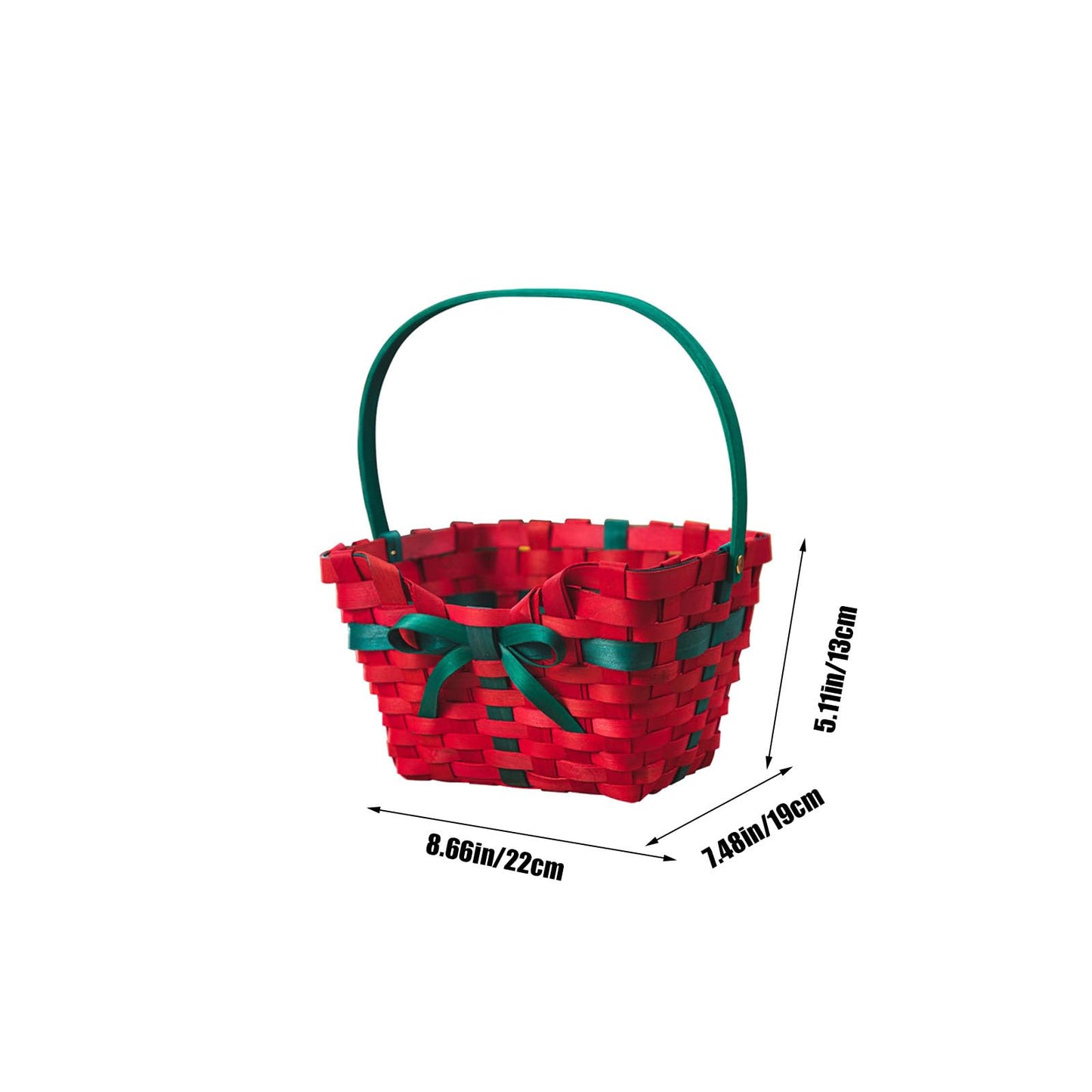 Christmas Baskets for Gifts Empty Hand-Woven Rectangle Red & Green Storage Baskets with Handle & Bow, Small Xmas Tote Basket for Holiday Decorative Present Wrapping (Red)