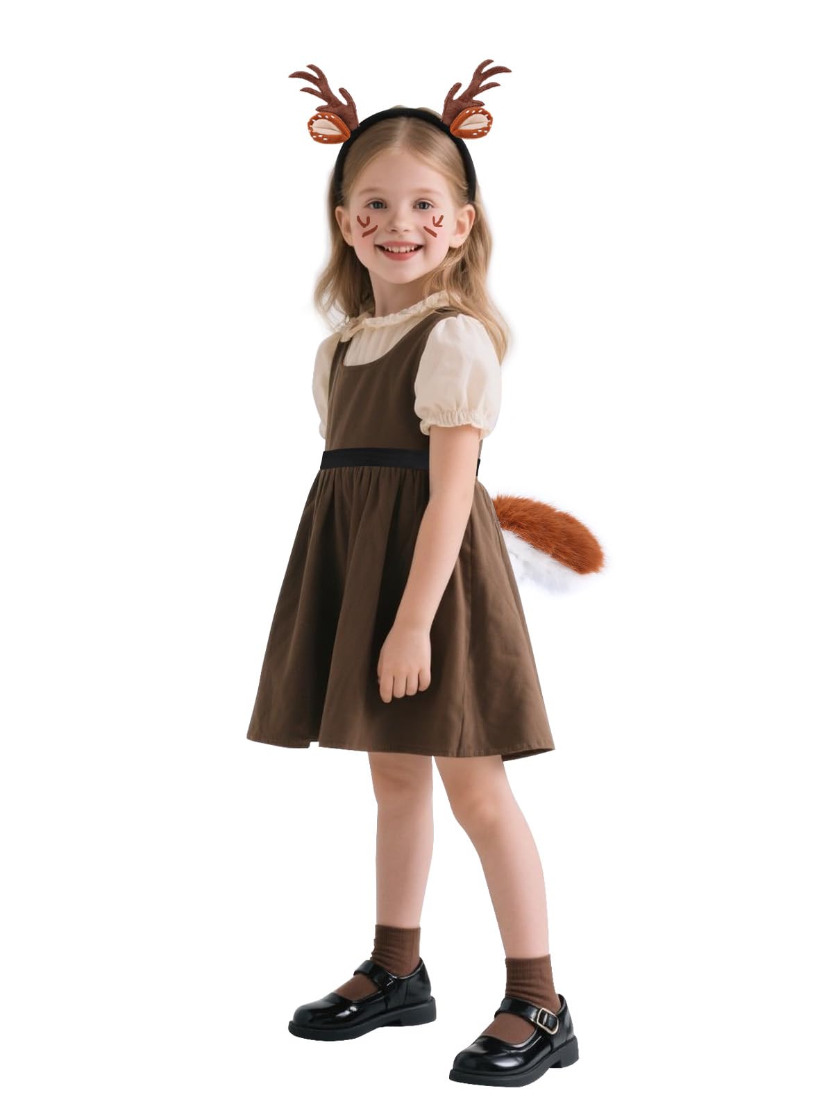 ROC PARTY Reindeer Antlers Headband and Tail Set – Fluffy Deer Ears, Antlers, and Tail for Kids – Brown Animal Costume Accessories for Christmas, Halloween, Party & Cosplay