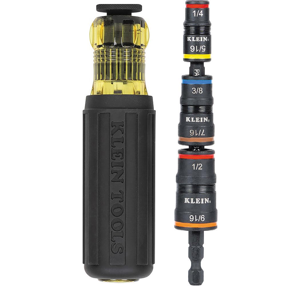 Klein Tools 32910 Impact Driver, 7-in-1 SAE Impact Socket Set with Handle, Flip Socket with 1/4, 5/16, 3/8, 7/16, 1/2 and 9/16-Inch Nut Driver Sizes and 1/4-Inch Bit Holder