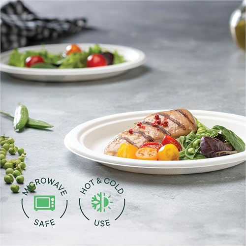 Stack Man 100% Compostable Paper Plates 9 Inch Heavy-Duty [125-Pack] Eco-Friendly White Bagasse Disposable Plates Made of Natural Sugarcane Fibers - 9" Biodegradable Plate (BPI-Certified) (PFAS-Free)