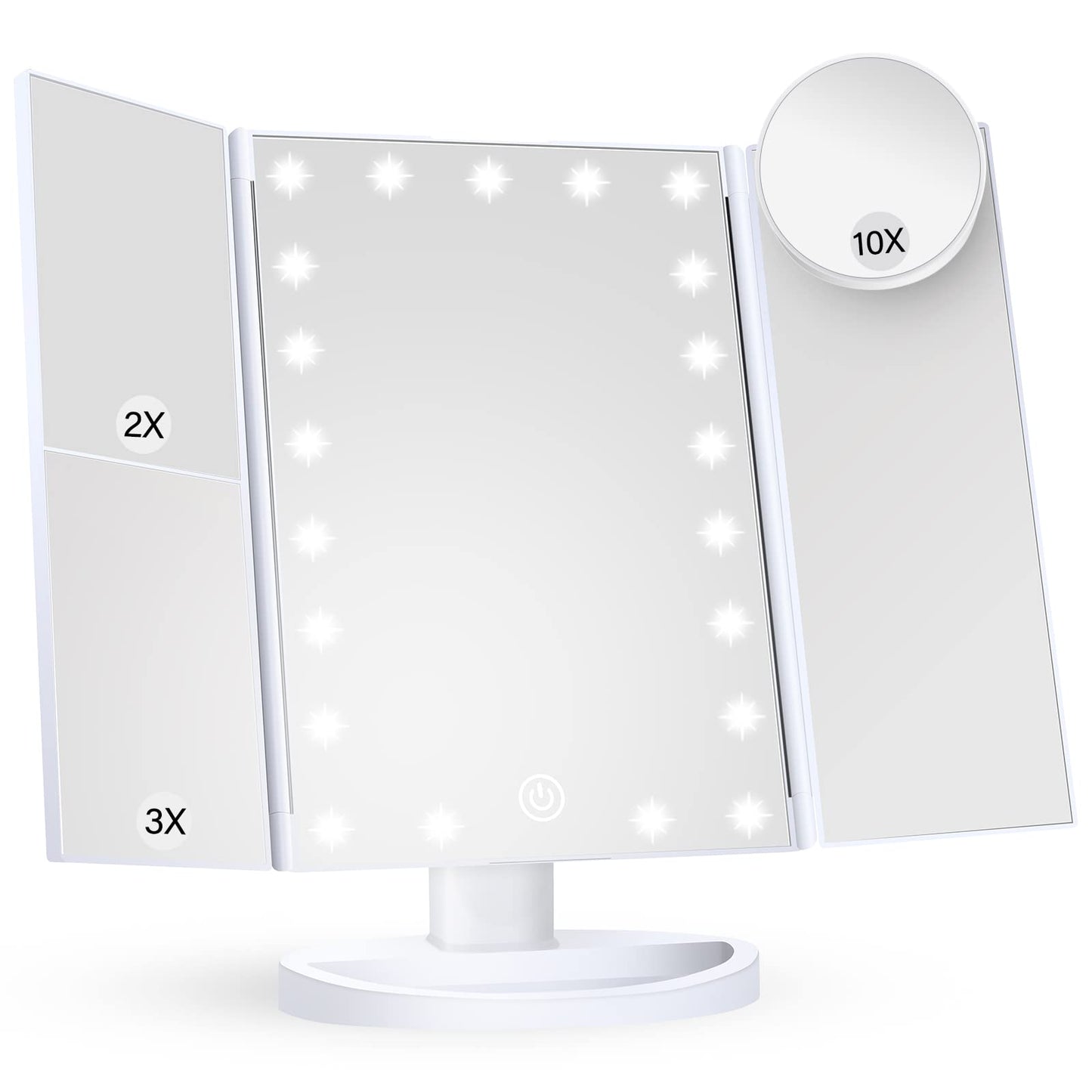HUONUL Makeup Mirror Vanity Mirror with Lights, 2X, 3X, 10X Magnification, Touch Control, Trifold, White, 9.4" L x 13.4" W, Modern Style, Dresser Mount, Bathroom
