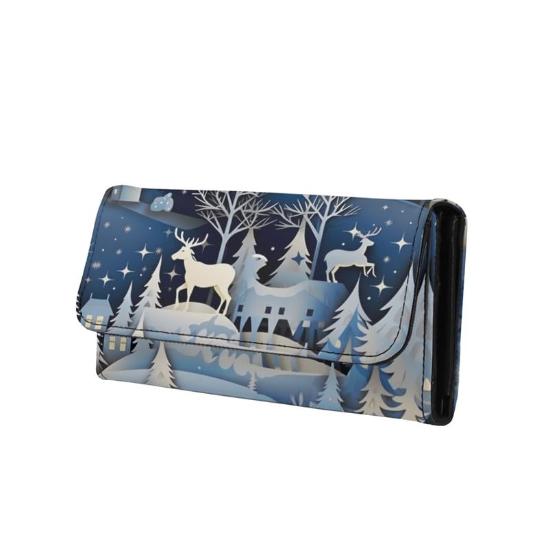 Jolamirel Womens Christmas Gift Trifold Wallets Snow Town Reindeer Large Capacity Wallet Paper Craving Pine Forest Deer PU Luxury Leather Ladies Long Slim Card Holder Purse