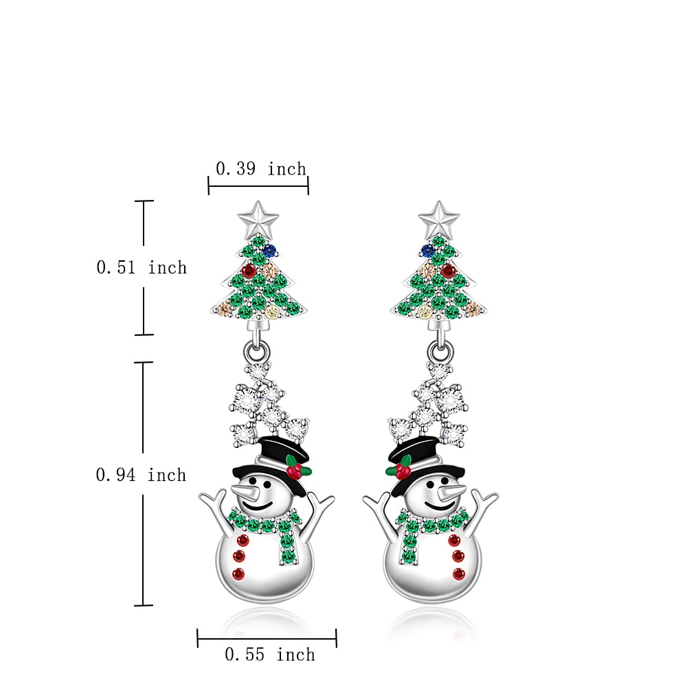 Christmas Tree Snowman Earrings for Women Sterling Silver Tree with Star Holiday Dangle Drop Earrings Colorful CZ Xmas Gifts