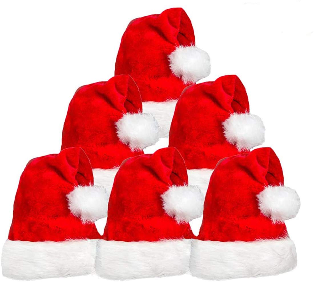 COOLJOY 6 Pack Plush Santa Hat, Traditional Red and White Plush Christmas Santa Hat for Christmas Party, Adult Size