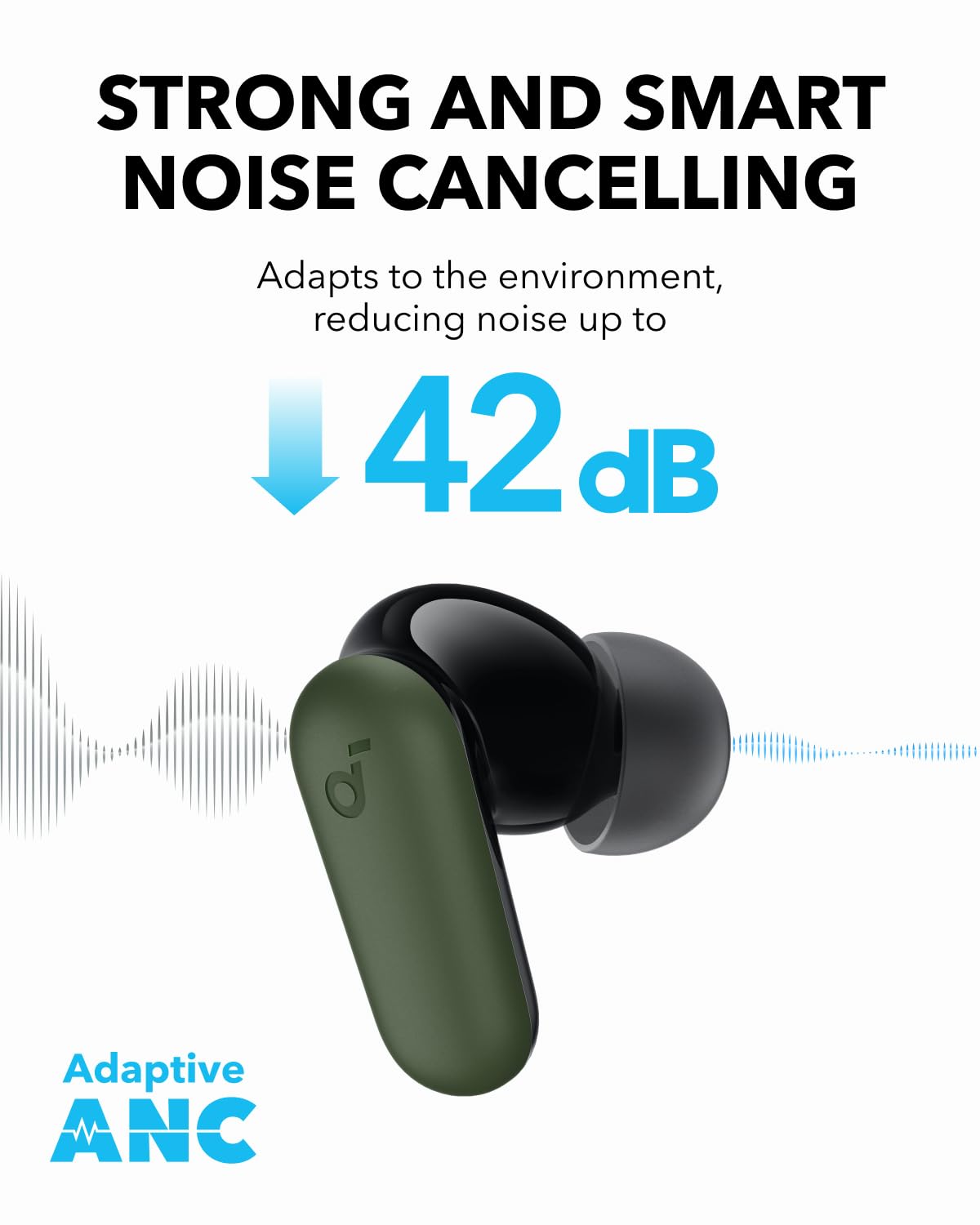 Soundcore P30i by Anker Noise Cancelling Earbuds, Strong and Smart Noise Cancelling, Powerful Bass, 45H Playtime, 2-in-1 Case and Phone Stand, IP54, Wireless Earbuds, Bluetooth 5.4 (Green)
