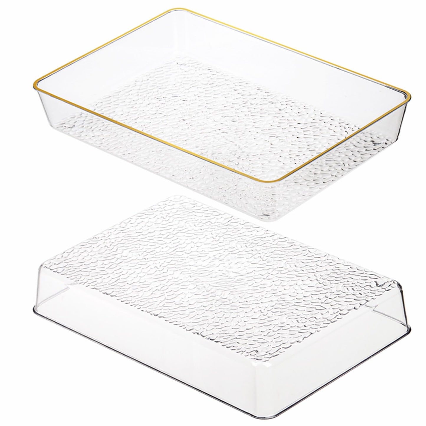 Cididu 4 Pack Clear Serving Trays, Deep Serving Platters Rectangle 12'' x 8'', Decorative Tray with Gold Rim, Reusable Plastic Tray Organizer for Coffee Table Pantry Party Food Display Spill Proof