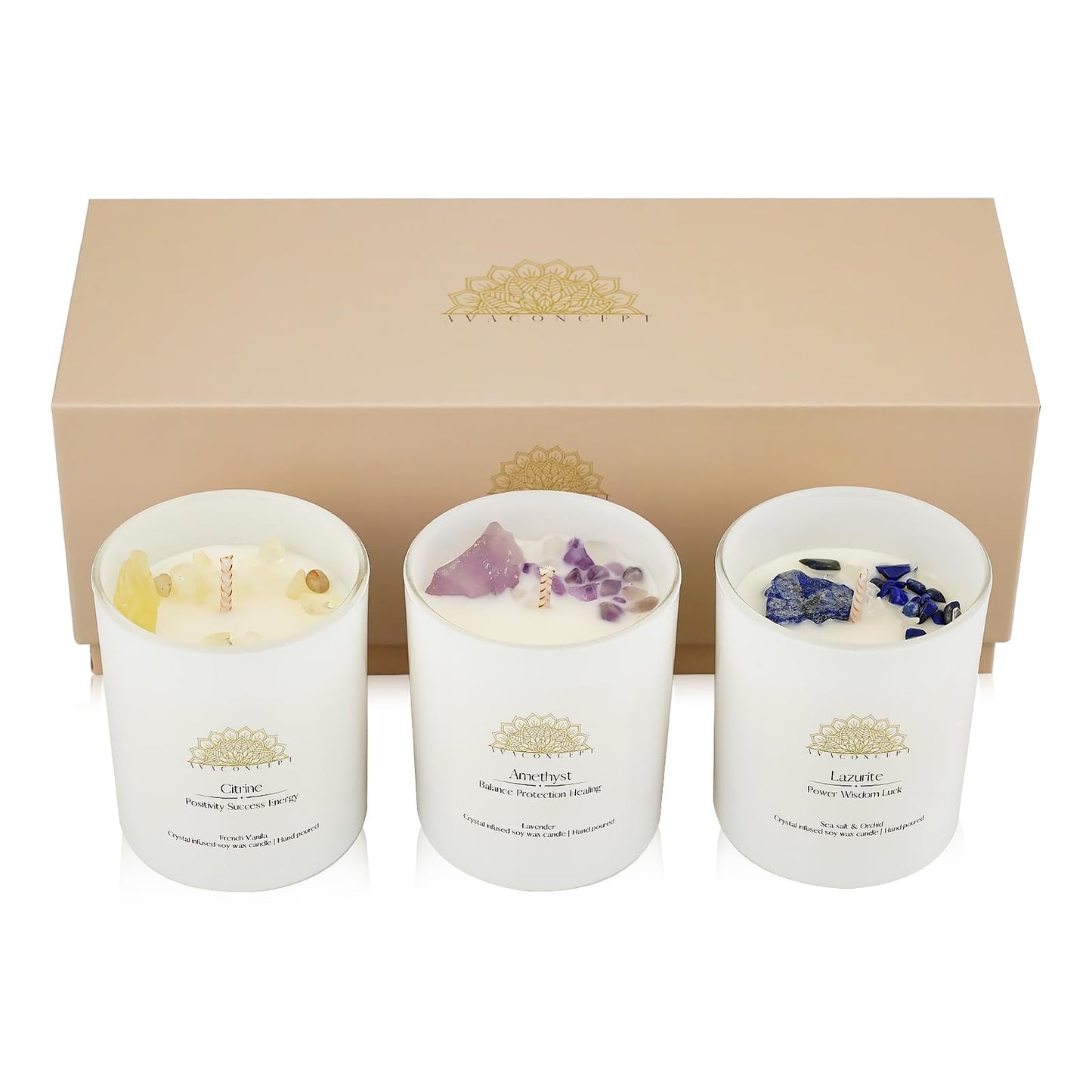 AVA CONCEPT Soy Candles with Healing Crystals. Amethyst, Lazurite, Citrine Crystal. Lavender, Sea Salt & Orchid, French Vanilla. Positivity Energy Gift for Women, 3PC Scented Candle Set 3.5 oz Each