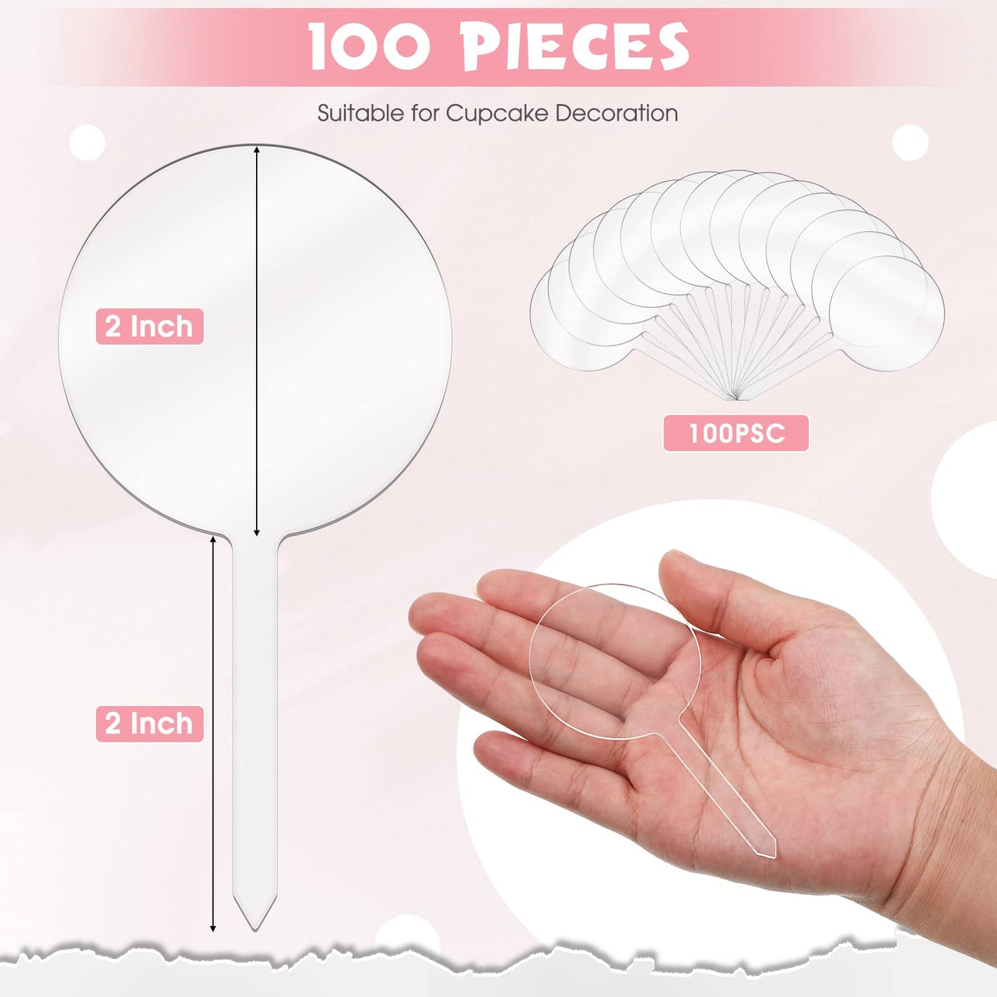 BBTO 100 Pieces 2 Inch Round Clear Acrylic Blank Cupcake Toppers Sticks for DIY Birthday Festival Party Baby Shower Wedding Party Cupcake Decoration