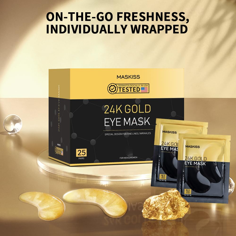 Maskiss 24k Gold Under Eye Patches (25 Pairs), eye mask, Collagen Skin Care Products, Eye Patches for Puffy Eyes, eye masks for dark circles and puffiness