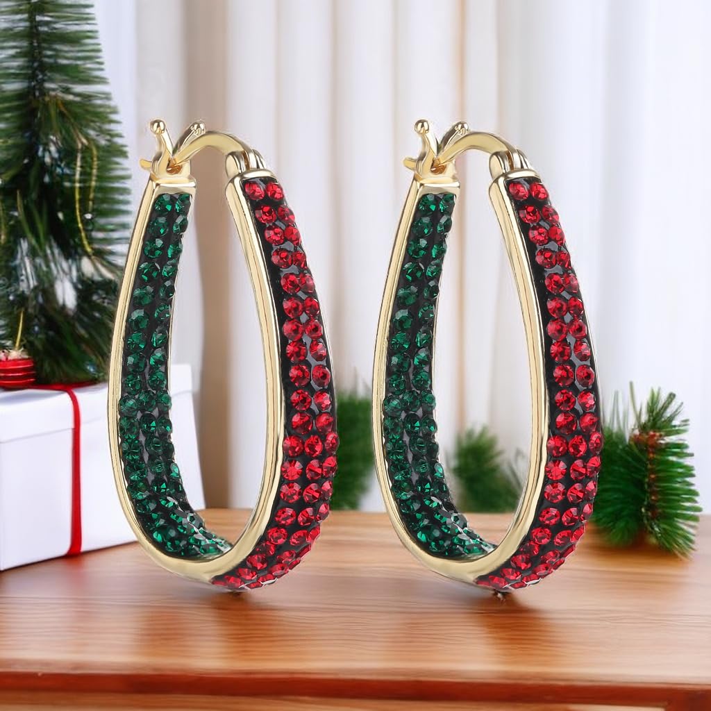 Crystal Hoop Earrings - Silver Plated Inside Out Oval Shape Hoop Earrings for Women, 1.2 Inch (Christmas Gold Plated)