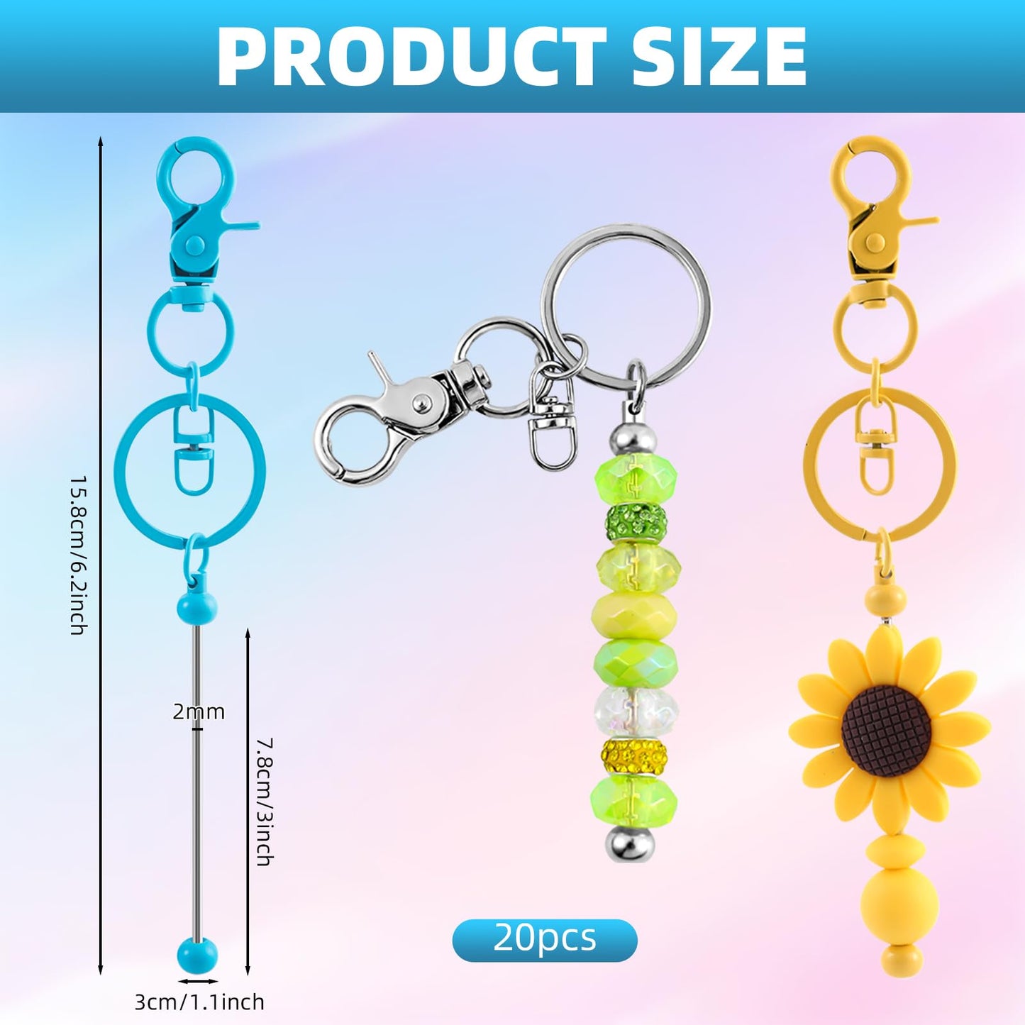 DNLEGULI 20 Pcs Beadable Keychains Bulk Kit – DIY Keychain Making Supplies with Metal Blanks for Crafts, Jewelry, Charms, Custom Projects – Blank Chain Bars for Beaded Keychain Design (Colourful)