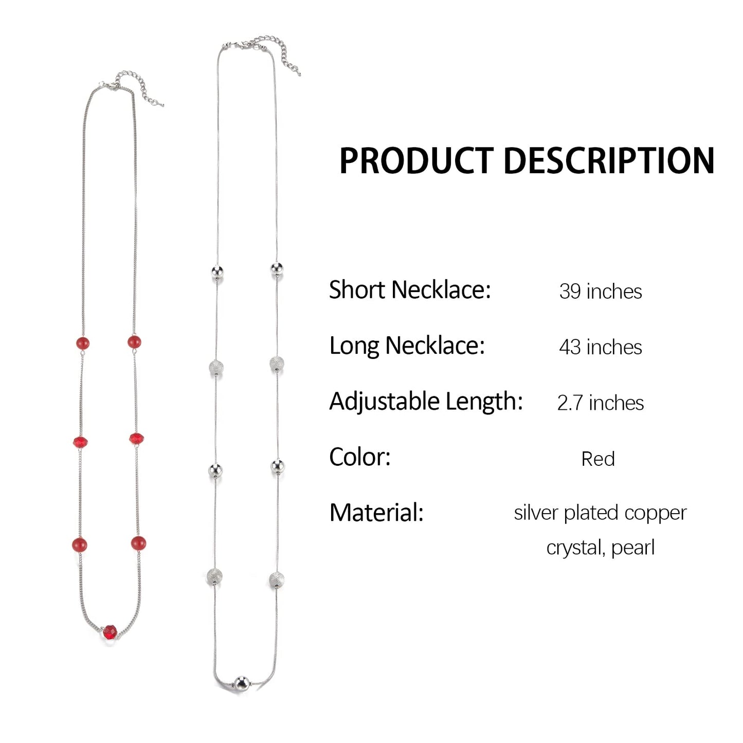 Silver Layered Long Necklace for Women Pearl Crystal Sweater Strand Chain Necklaces Fashion Gifts (Red)