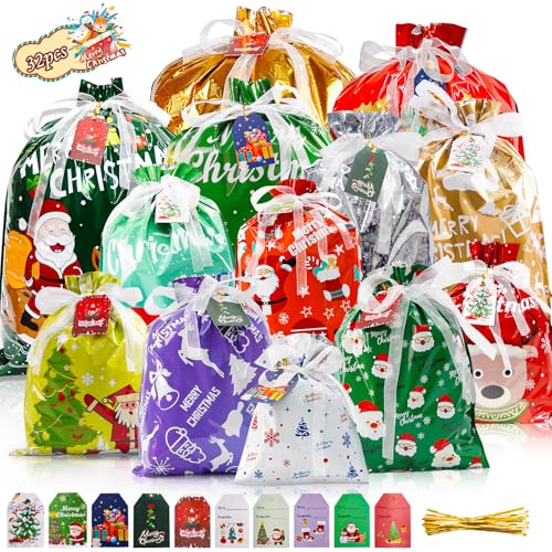 Koncci 32pcs Gift Christmas Bags, 5 Assorted Sizes Holiday Xmas Gift Bags with Tags, Christmas Drawstring Bags for Gifts Wrapping Party Presents Decorations - Large Medium Small