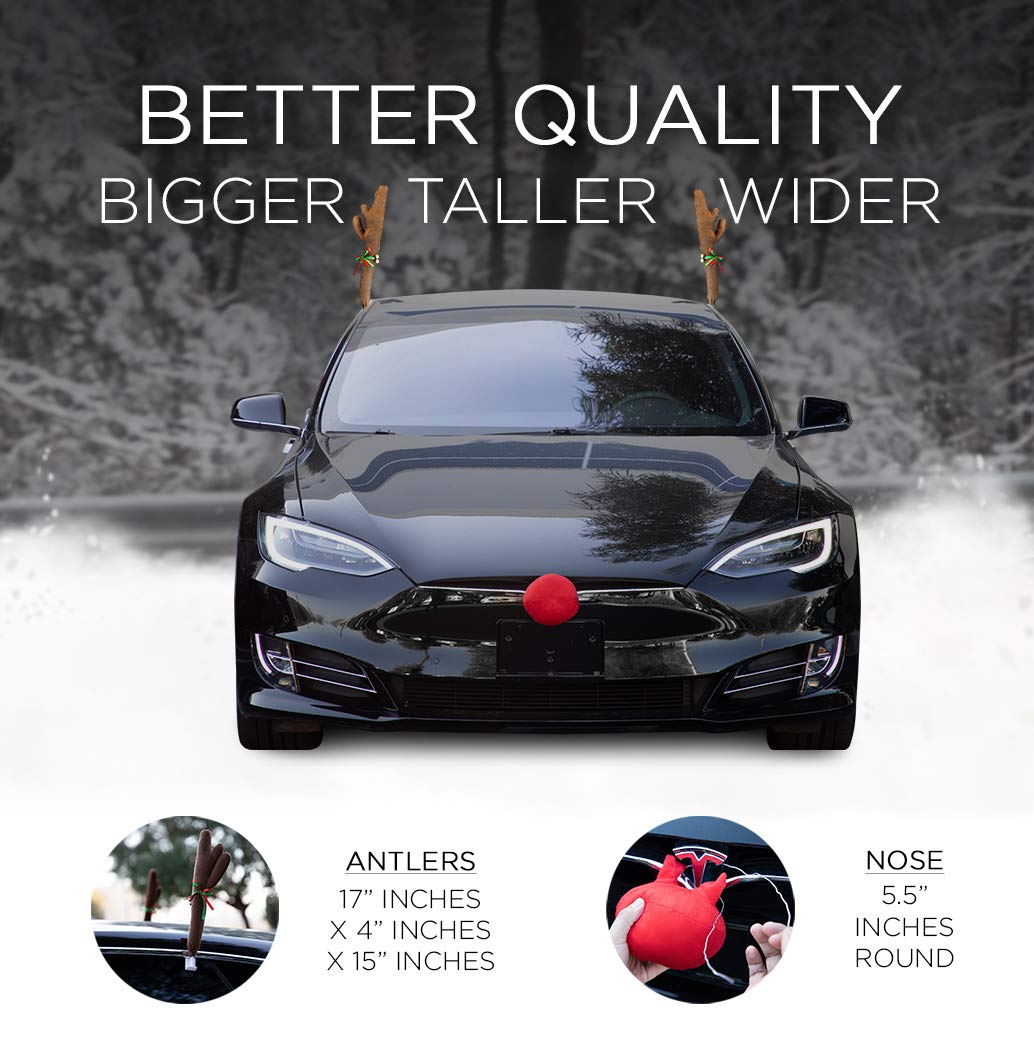 OxGord Car Reindeer Antlers & Nose - Christmas Decorations Best for Window Roof-Top & Grille Rudolph Reindeer Kit - Auto Holiday Accessories Decoration Kit Also for SUV Van Truck