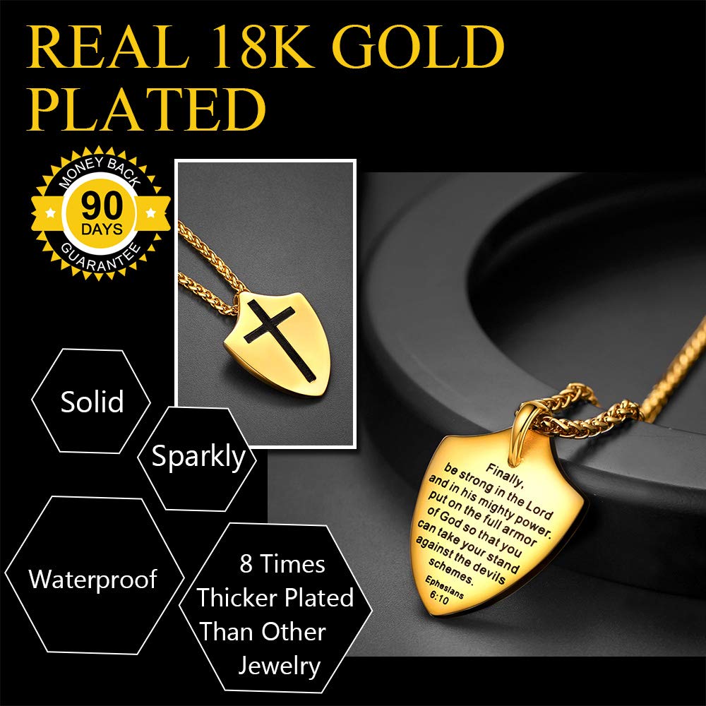 U7 Armor of God Necklace Ephesians 6:10, with Singapore Chain 22 Inch, 18K Real Gold Plated Stainless Steel Faith Cross Shield Pendant Necklace for Men and Women (Send Gift Box)
