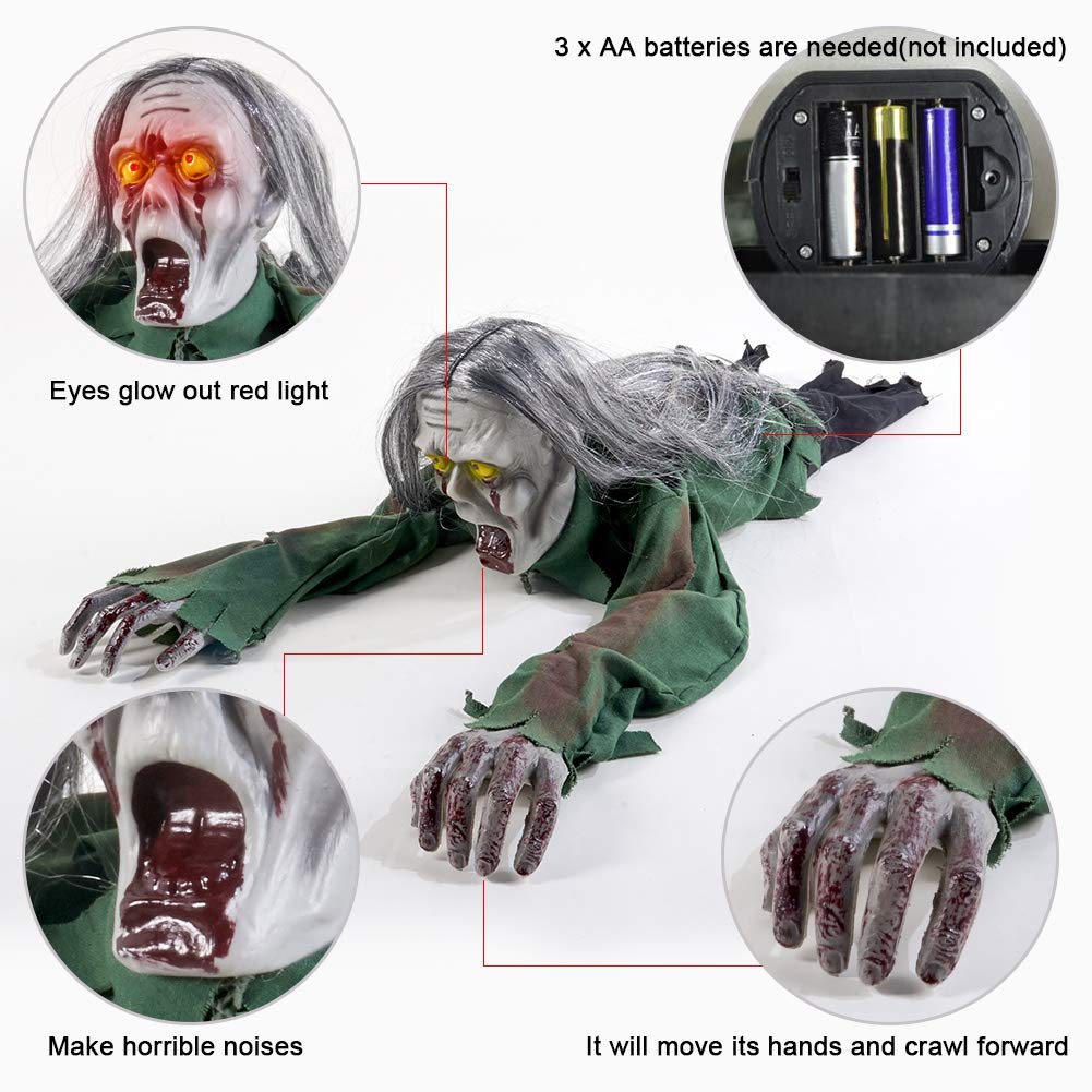 Joliyoou Halloween Decoration, 43.3-Inch Touch & Voice Activated Crawling Zombie, Scary Groundbreak Animated Halloween Zombie Prop for Halloween Outdoor Decor