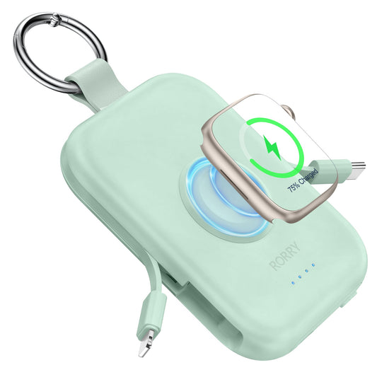 RORRY Portable Charger, 5000mAh Portable Charger Power Bank with Built-in Cables, Travel Keychain Battery Pack for Apple Watch Ultra 2/10/9/8/Ultra/7/6/SE/5, iPhone 16/15/14/13/12, Green