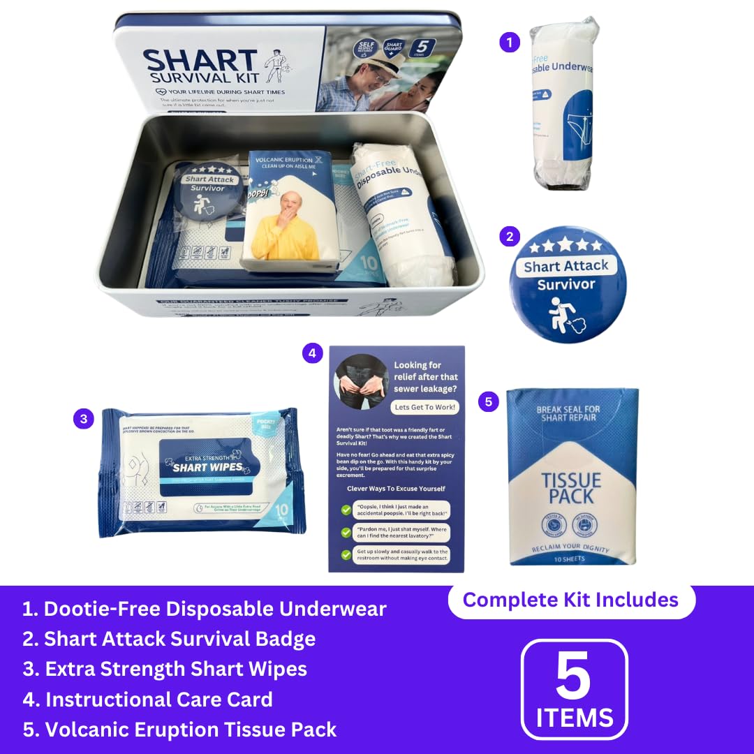 Shart Survival Kit | Funny White Elephant Gag Gift | Hilarious Over The Hill & Retirement Prank Box with Wet Wipes, Disposable Underwear, Tissues & Sharting Survival Badge | Novelty Joke Set for Men