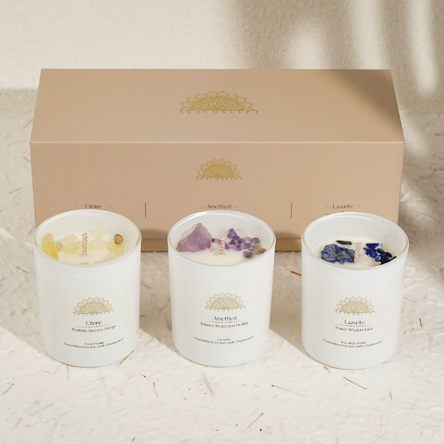 AVA CONCEPT Soy Candles with Healing Crystals. Amethyst, Lazurite, Citrine Crystal. Lavender, Sea Salt & Orchid, French Vanilla. Positivity Energy Gift for Women, 3PC Scented Candle Set 3.5 oz Each