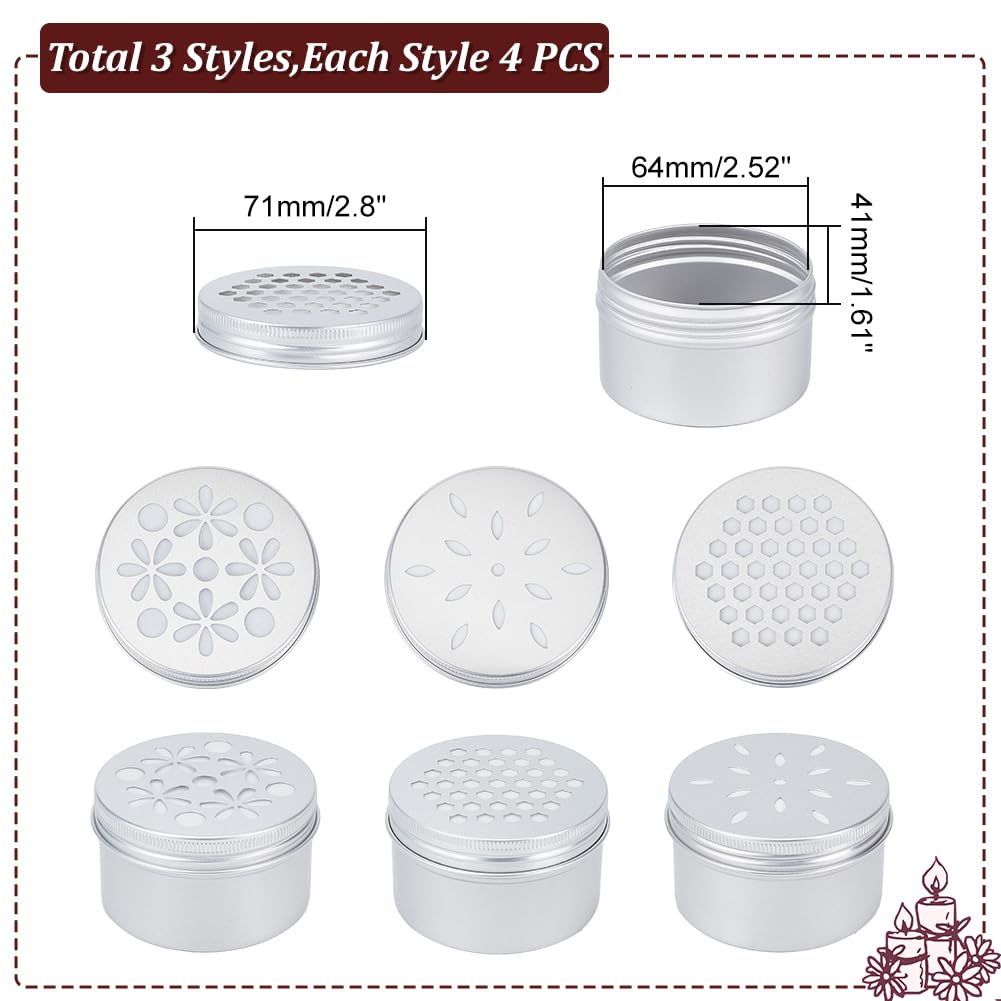 PH PandaHall 12pcs Aluminium Tins, 3 Style 4 Ounce Round Empty Metal Tins with Hollow Lids Refillable Spice Containers for Aromatherapy Air Freshener Candles Travel Storage, 2.7x1.6inch