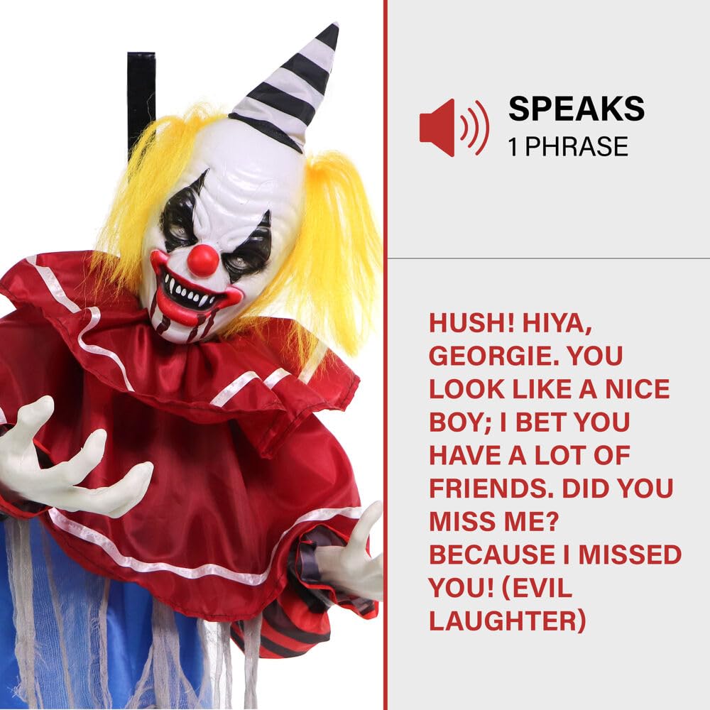 Haunted Hill Farm Animatronic Twisting, Talking Clown Greeter with Folding Door Hook for Scary Hanging Halloween Decoration