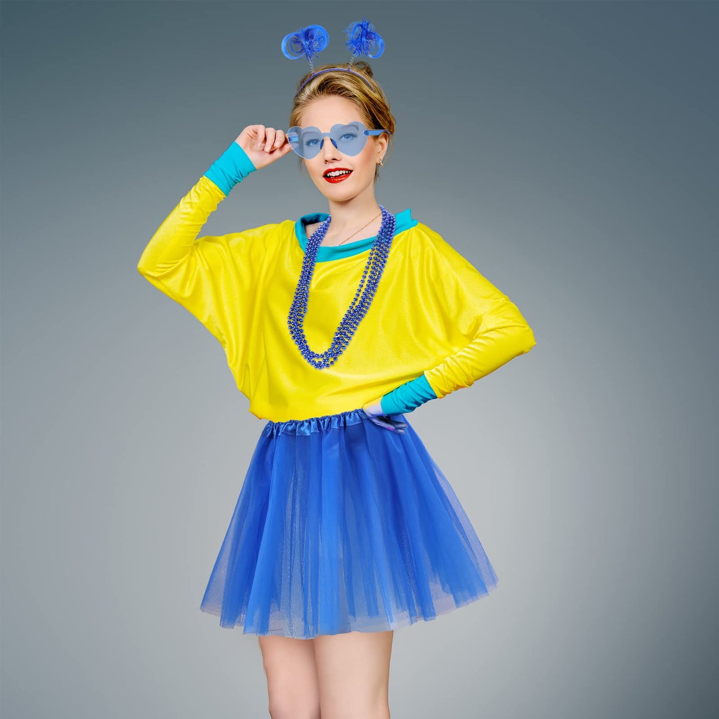 Canlierr Tutu Costume Accessory Set Red White Blue Women's Layered Tulle Skirts Pom Pom Headband Heart Sunglasses Necklaces(Large,Blue)